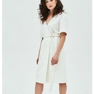 Elvi Breezy white eyelet wrap dress w/ Gold/Peal Accent Belt